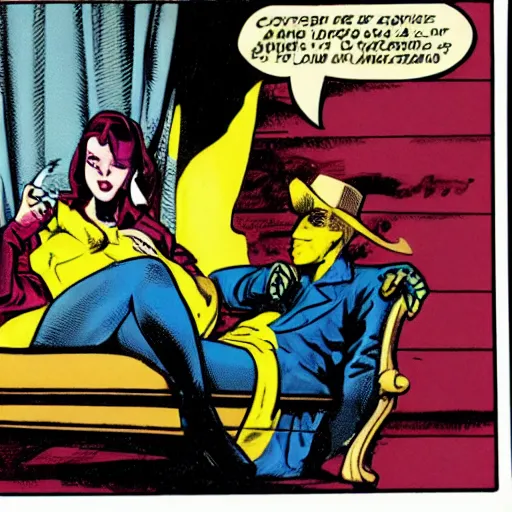 Image similar to comic-book panel of a woman laying back on a chaise lounge with cigarette in her hand while Rorschach from Watchmen asks her psychological questions