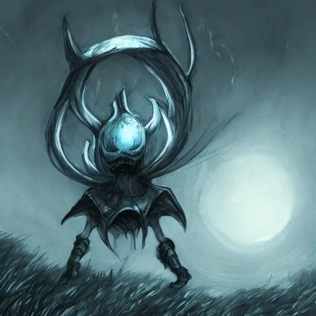 Prompt: elden ring charcter in the style of hollow knight