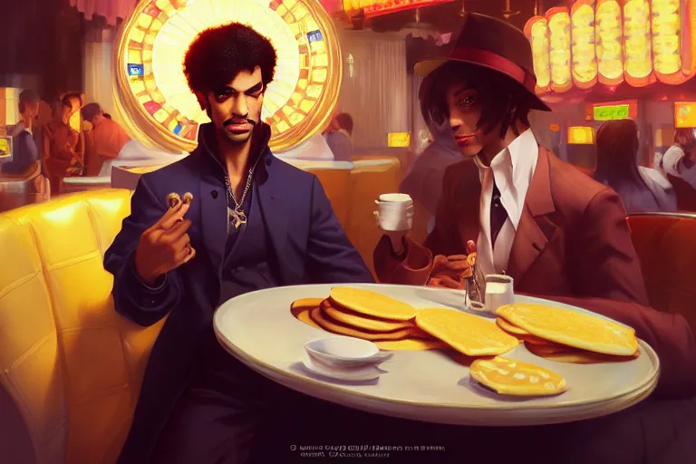 Image similar to portrait of the artist formally known as prince with a plate of pancakes, casino on fire los vegas, charlie bowater, artgerm, ilya kuvshinov, krenz cushart, ruan jia, realism, ultra detailed, 8 k resolution