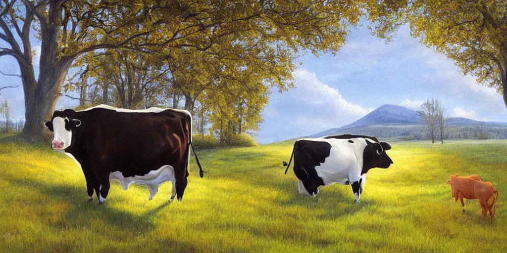 Image similar to cow, volumetric lighting, spring early, nice slight overcast weather, realistic illustration, perfectly shaded, ( golden hour ), soft painting, low angle, art by sven nordqvist