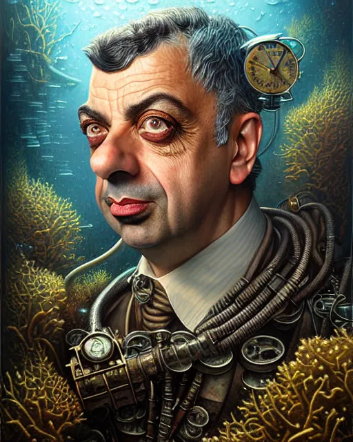 Image similar to underwater steampunk portrait of rowan sebastian atkinson, by tomasz alen kopera and peter mohrbacher