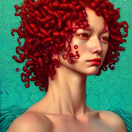 Image similar to beautiful ornate face of a woman with red curly hair poking out of water by Casey Weldon and Chie Yoshii, rich colors, intricate, elegant, highly detailed, centered, digital painting, artstation, concept art, smooth, sharp focus, illustration, octane render