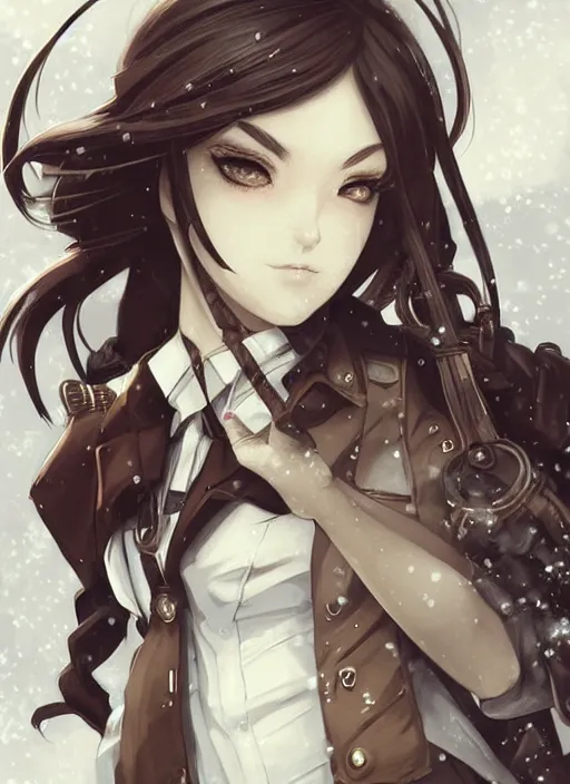 Image similar to girl with steampunk weapons and uniform, serious, intense, finely detailed, made by artgerm, ross tran, full body portrait, illustration, snow, snowing, cloudy, anime, side view, perfect anime face, realistic face, zoomed out, smooth, brown eyes, high waisted shorts