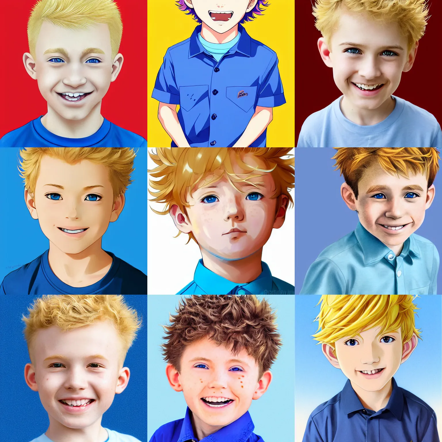 Prompt: A medium shot anime portrait of a smiling anime boy with very short curly blonde hair and blue eyes, buzzed sides, rosy cheeks, blue-eyed, wearing a shirt, very young child, four years old, medium shot portrait, his whole head fits in the frame, solid color background, simple colors, cel shading, digital drawing by Stanley Artgerm Lau, WLOP, Rossdraws, James Jean, Andrei Riabovitchev, Marc Simonetti, and Sakimi chan, trending on artstation