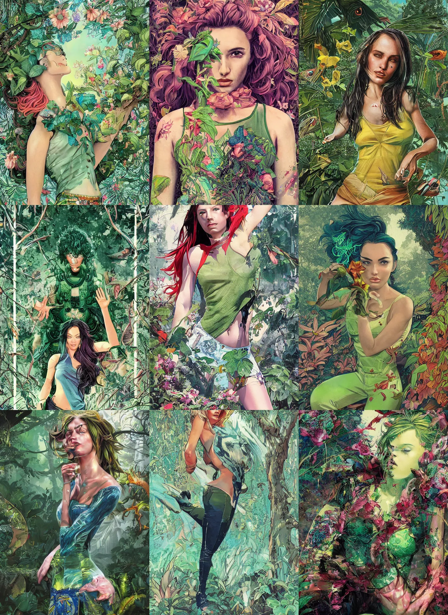 Prompt: a comic book style fantasy portrait painting of a beautiful girl wearing a tanktop and jeans in a bright serene lush green temple setting, art by Tristan Eaton, Stanley Artgerm, Tom Bagshaw, Greg Rutkowski, Carne Griffiths