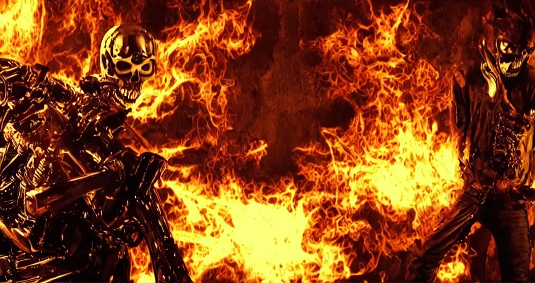 Prompt: movie still from the ghost rider flaming skull cyberpunk movie directed by the Wachowskis, epic anime style, practical effects, ominous, cinematic lighting, photo realism, filmic, dark saturated colors, terrifying sci-fi horror masterpiece, full body portrait, black background, by Giger