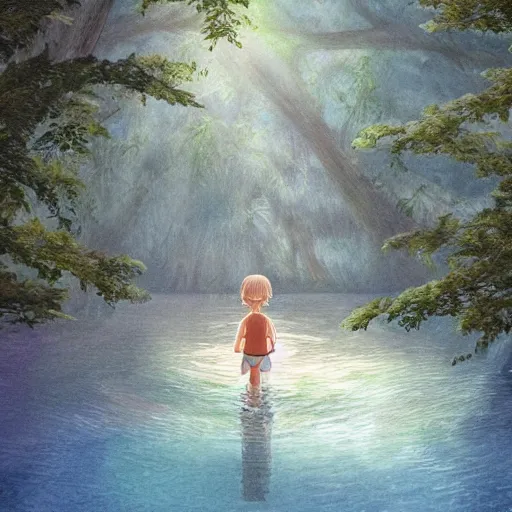 Prompt: forest child in a lake, ghibli, highly detailed faces, artwork, light, blue, fantasy