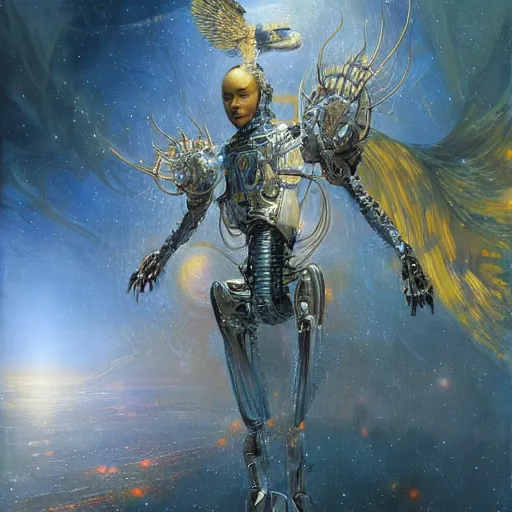 Prompt: UHD hyperrealistic photorealisitc, detailed cosmic robot with real angel wings, by Karol Bak, Greg Rutkowski and Adrian Ghenie, tonalism, rich deep colors masterpiece