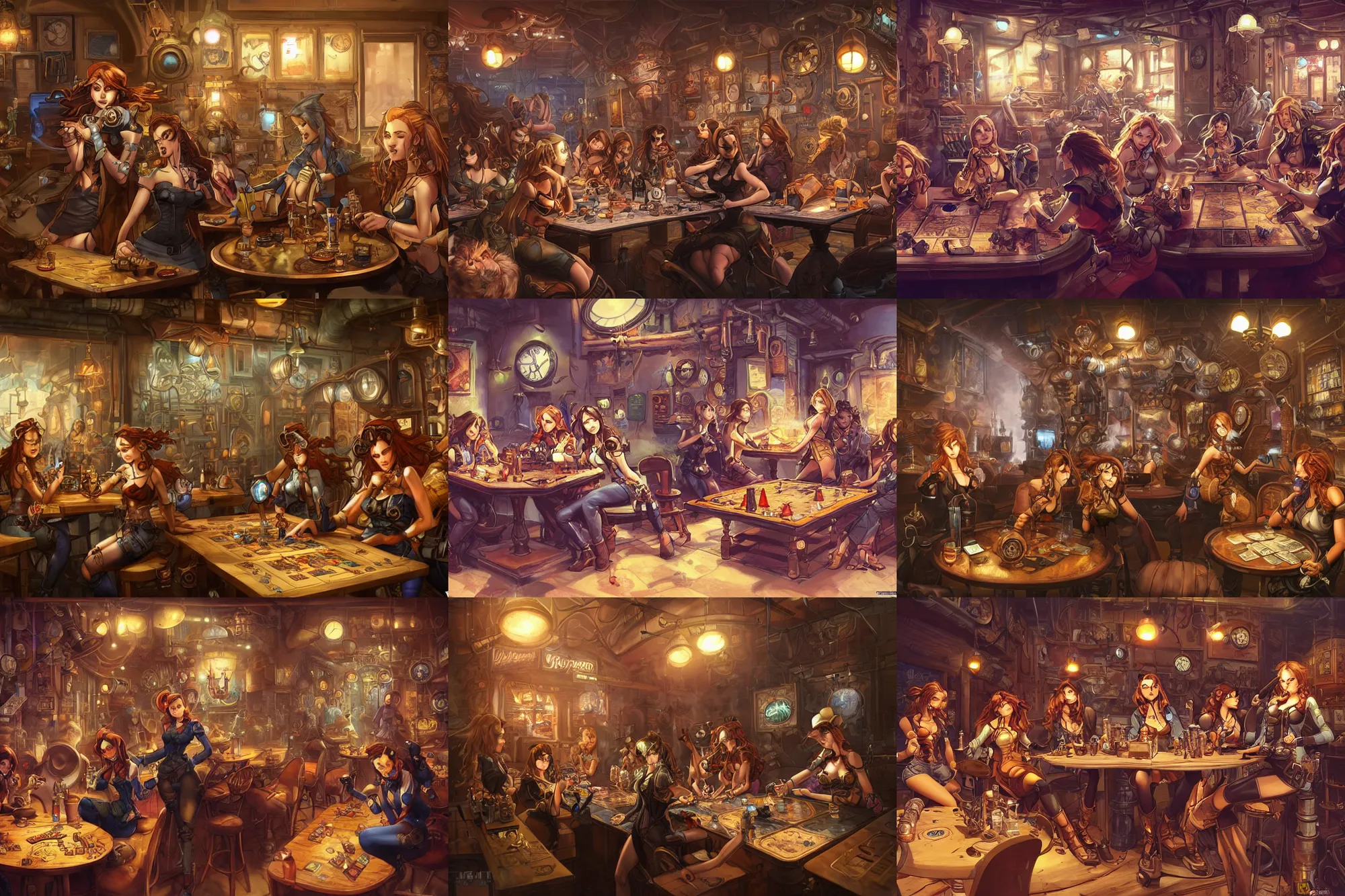 Prompt: women in the interior of a steampunk cafe, Joe Madureira style, night time, smoking cigarettes, playing board games, highly detailed, level design, concept art, artstation, cgsociety, zenith view