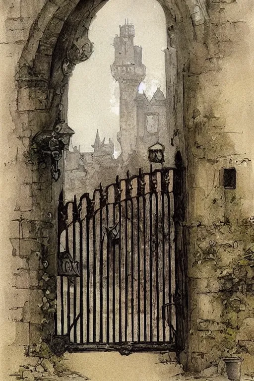Image similar to 1950s castle gate . muted colors. by Jean-Baptiste Monge