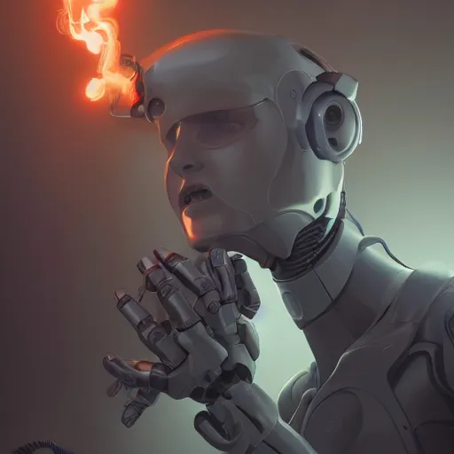 Image similar to an attractive robot smoking by greg rutkowski, sung choi, mitchell mohrhauser, maciej kuciara, johnson ting, maxim verehin, peter konig, 8 k photorealistic, cinematic lighting, hd, high details, dramatic, dark atmosphere, trending on artstation