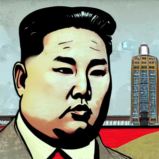 Image similar to illustration gta 5 artwork of kim - jong un, in the style of gta cover art, by stephen bliss