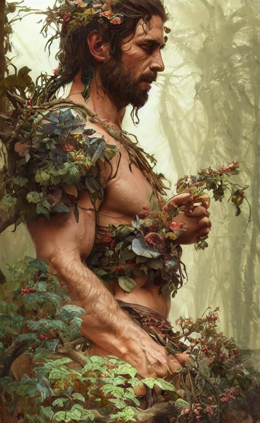 Image similar to god of the forest, 3 0 years old, rugged, male, gorgeous, detailed face, amazing, full body, flowers, muscular, intricate, highly detailed, digital painting, artstation, concept art, sharp focus, illustration, art by greg rutkowski and alphonse mucha