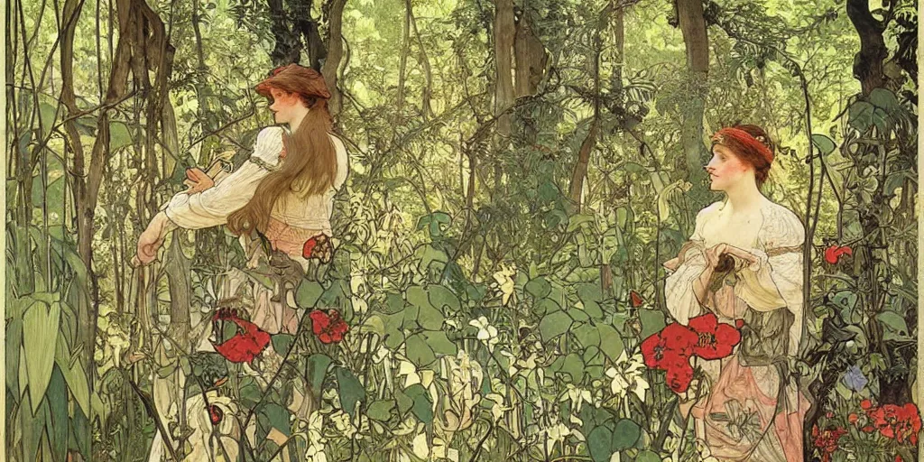 Image similar to a beautiful painting of wild animals in the woods with vines and ferns and flowers, painted by carl larsson and alphonse mucha