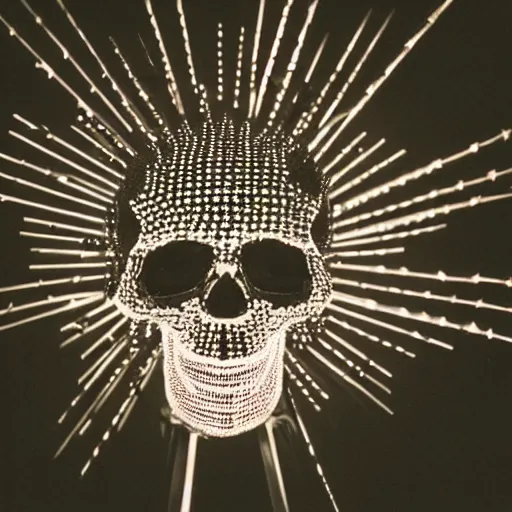 Image similar to a low poly disco skull full of long spikes, reflecting light in a nightclub, grainy film photograph