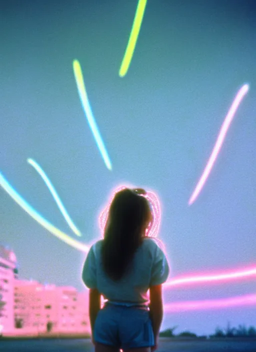 Prompt: realistic photo portrait of a a girl dressed in white shorts, watching at glowing disks flying in a grey sky, covered with tesla electricity, 1 9 9 0, life magazine photo, natural colors, museum collection, kodak