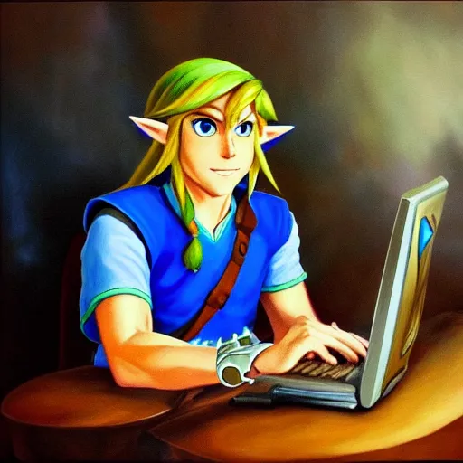 Prompt: link from zelda using computer, painting by by ralph grady james, jean christian biville