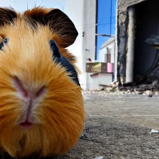 Image similar to a guinea pig selfie in front of a burning building