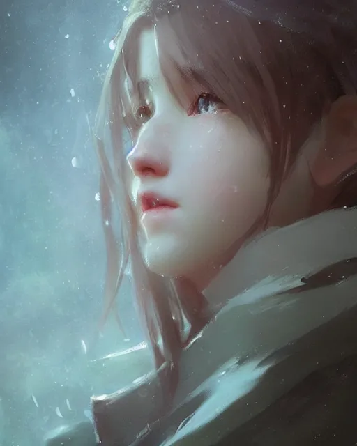 Prompt: beautiful aerith gainsborough, face centered portrait, cottagecore, confident, fog, rain, volumetric lighting, soft light particles floating near her, illustration, perfectly shaded, oft painting, art by krenz cushart and wenjun lin