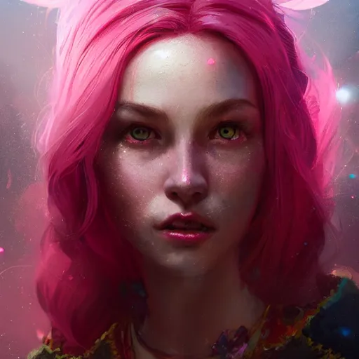 Image similar to portrait of an innocent lost woman with pink hair, magic uniform, fantasy, intricate, sharp focus, lens flare, bloom, rim light, illustration, highly detailed, digital painting, concept art, matte, art by ruan jia. front view