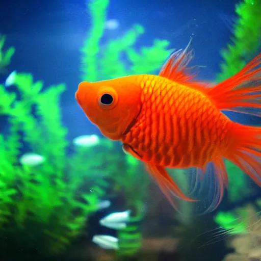 Prompt: extremely obese beautiful colorful goldfish in an aquarium, photography