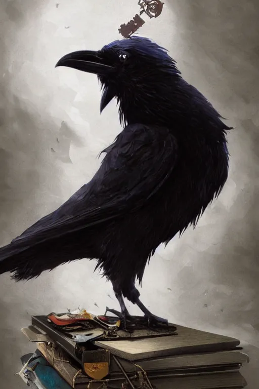 Image similar to highly detailed anime visual key of a raven wearing bachelor hat that is holding a academic thesis, 4 k, unreal engine, fantasy art by greg rutkowski, detailed and intricate environment pixiv, professional digital art