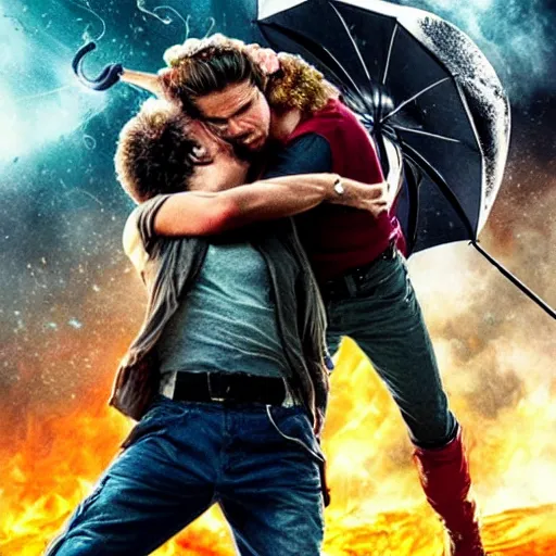 Prompt: epic movie poster aliens vomiting on chris hemsworth while he looks really annoyed and holding an umbrella