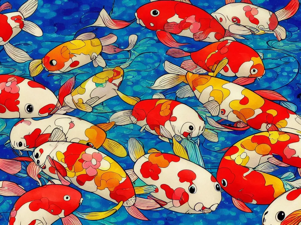 Image similar to colorful koi carp, illustration, concept art, colorful, beautiful, studio ghibli, takashi murakami, aoshima chiho, manga, cute and adorable