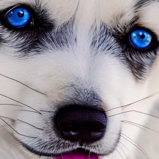 Prompt: A husky puppy with two different colored eyes, snowy environment, detailed close-up, 4k photo