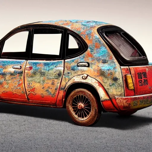 Image similar to A High quality award winning photo of a car with the bodywork painted with a ancient chine art style of the beatles, ancient china art style, car paint, ancient china style of the beatles, car paint the batles