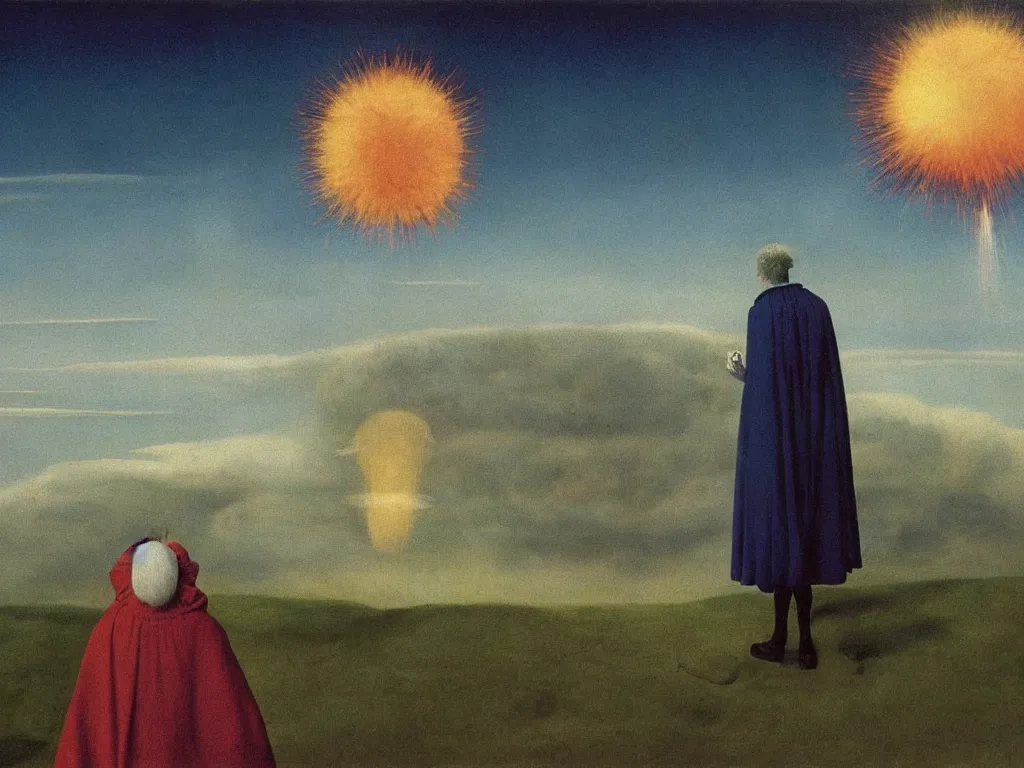 Image similar to albino mystic, with his back turned, looking at a atomic explosion over a city in the distance. Painting by Jan van Eyck, Audubon, Rene Magritte, Agnes Pelton, Max Ernst, Walton Ford