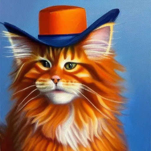 Image similar to Beatiful Oil painting of an orange Maine-coon with a white beard. wearing a wide-brimmed sombrero sombrero