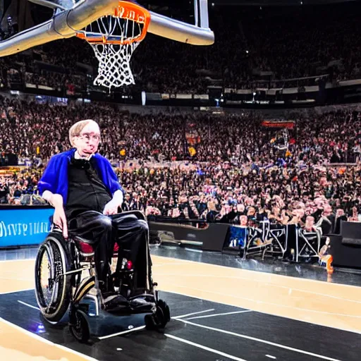 Prompt: photograph of stephen hawking flying through the air in his hovering wheelchair, dunking, highlights of the 2 0 1 9 nba slam dunking contest