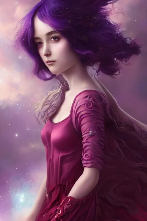 Prompt: 4k centered detailed portrait of a beautiful intimate woman with long purple cosmic hair and a beautiful red dress, by Tom Bagshaw and ross tran. Anime, volumetric lighting