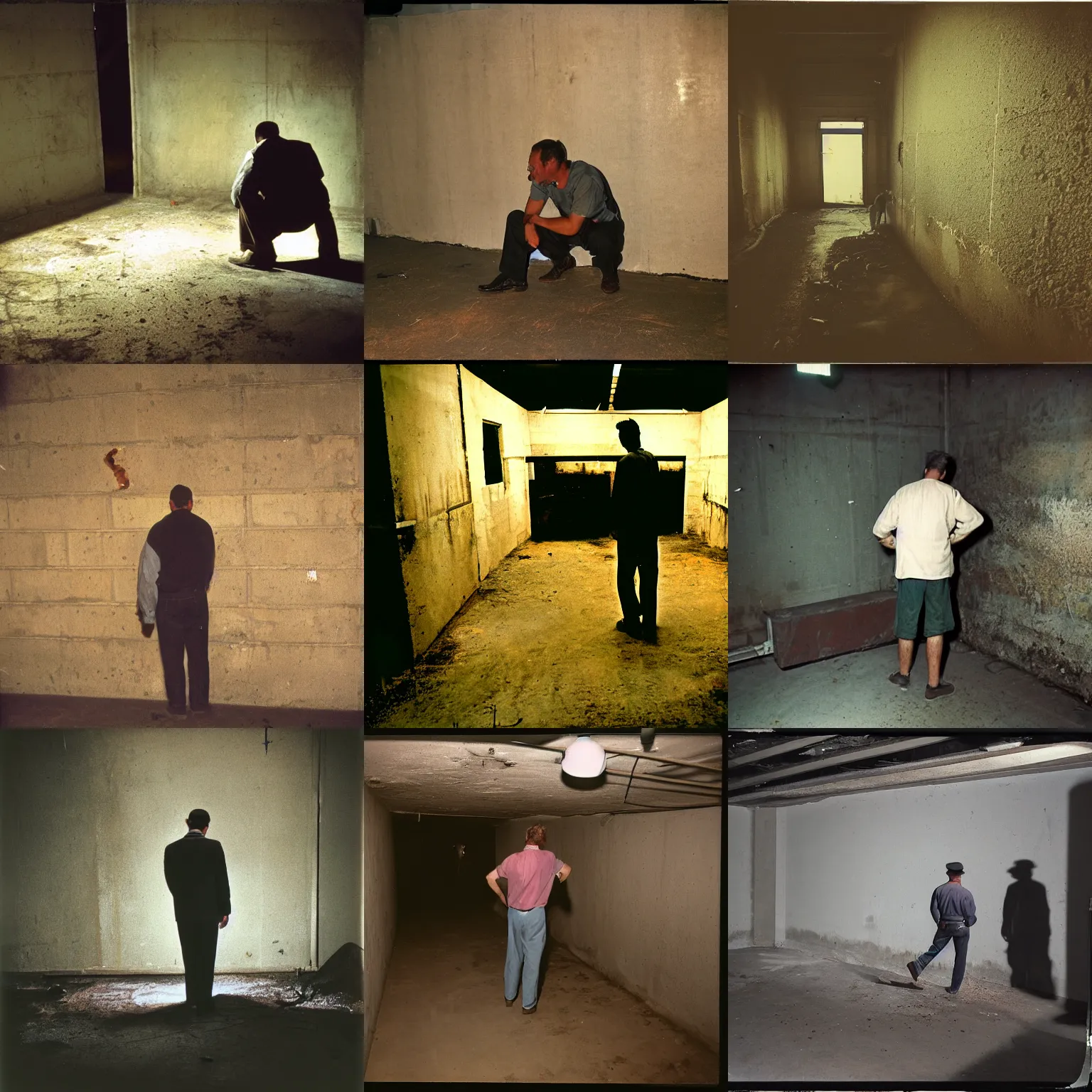 Prompt: A man, working clothes, dirty Concrete wall ; basement , night; 90's professional color photograph, close up, view from behind.