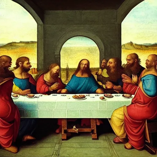 Prompt: a renaissance painting of minions at the last supper