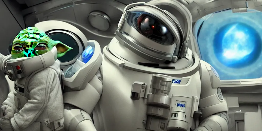 Image similar to a 3 d rendered movie still, wide - angle 1 0 0 m in the distance, baby yoda wearing a spacesuit, and exploring cosmos in a super awesome space ship. science fiction blockbuster movie, dramatic lighting, imax 7 0 mm. buzz lightyear