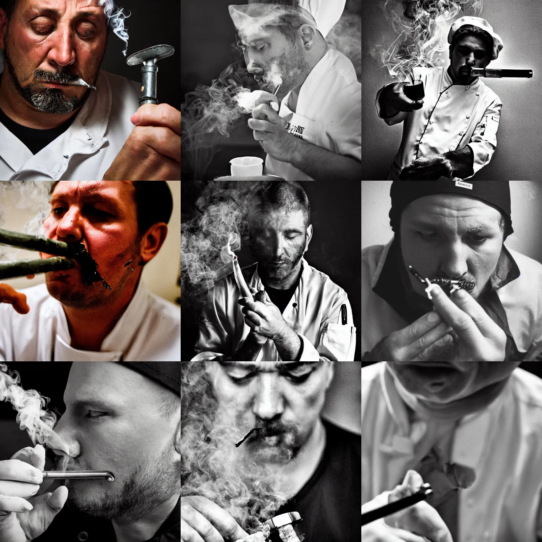 Prompt: chef smoking crack pipe, somber, ominous, close - up photograph