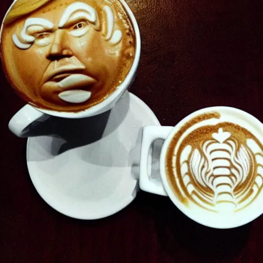 Image similar to donald trump as foam latte art, in coffee cup photorealistic