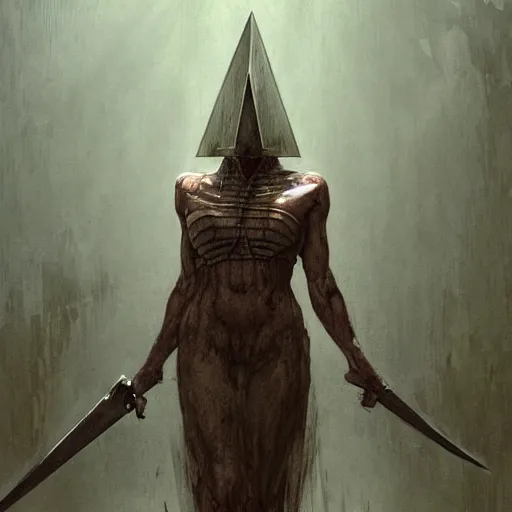 Image similar to Pyramid Head is in love, intricate, highly detailed, fullbody, artstation, dark fantasy, horror, Silent Hill game, concept art, smooth, sharp focus, illustration, art by greg rutkowski and orientalism and bouguereau and Zdzislaw Beksinski, good clear quality, lighting, biology, symmetrical artwork, perfect face, 135 mm, cinematic, hyper realism, high detail, octane render, 8k, chrome accents