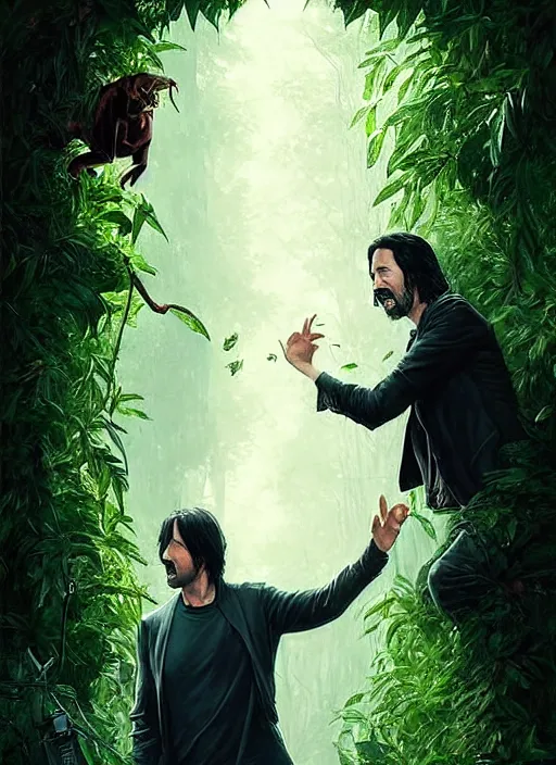 Image similar to highly detailed comedy caper movie poster with silly wacky zany keanu reeves hiding in leaves, keanu reeves face inside a leafy bush by greg rutkowski, masterpiece, really funny, 1 0 / 1 0 comedy