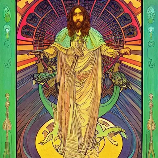 Prompt: “colorfull artwork by Franklin Booth and Alphonse Mucha and Moebius showing a portrait of Jesus riding a dinosaur”