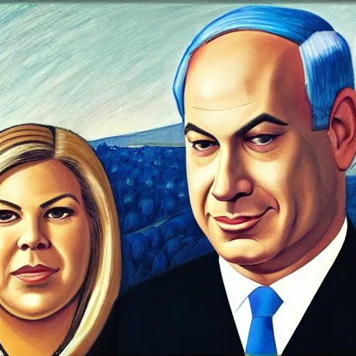 Image similar to A portrait of Benjamin Netanyahu and Sara Netanyahu by Grant Wood