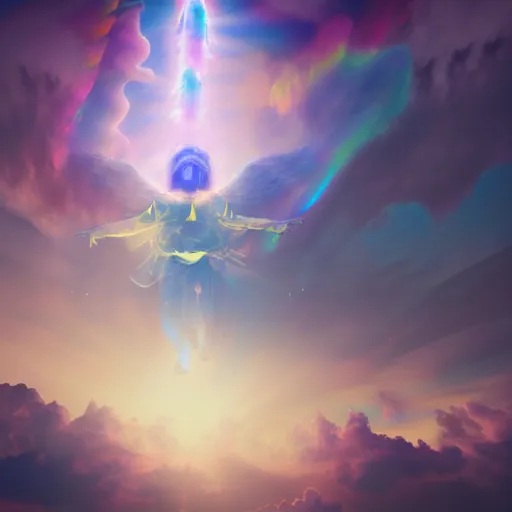 Image similar to celestial angel of light in the sky with clouds, psychedelic clouds, hallucination, night sky ; 8 k, artstation, unreal engine, octane render, hdr, surrealistic, hyperrealism, glow, photorealistic, volumetric lighting, dreamy, dynamic, mystical