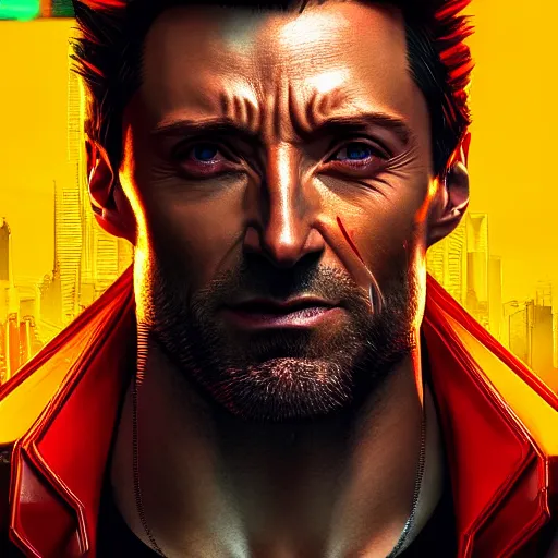 Image similar to hugh jackman portrait, cyberpunk 2 0 7 7, cyberpsycho, photorealistic, ultra detailed, neon, octane rendered, bokeh, cinematic lighting, cyber, cyberpunk city, studio quality, feature, scars, cyberface, 8 k