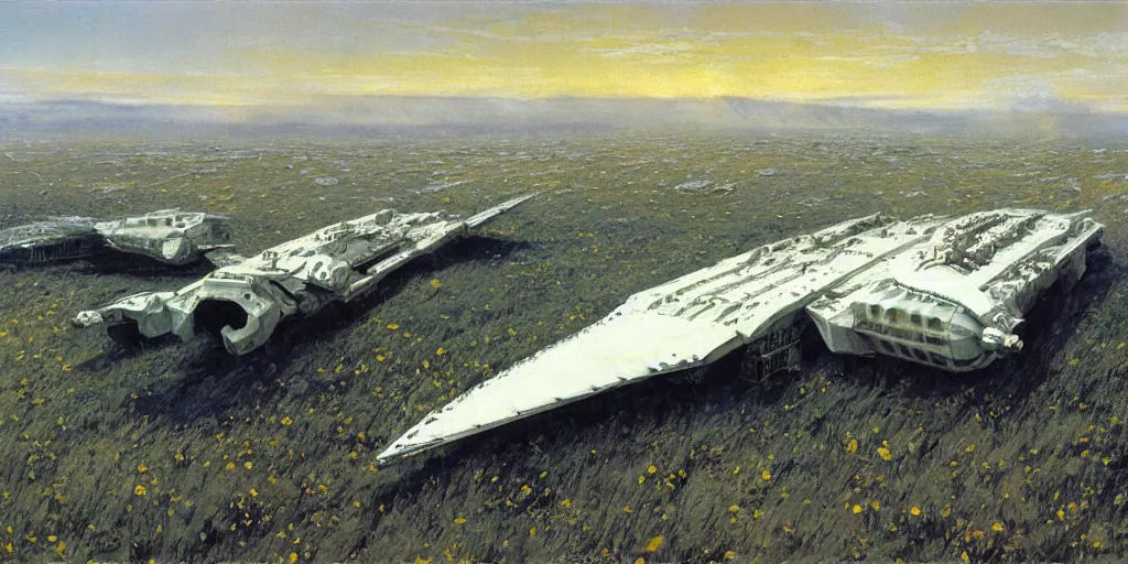 Prompt: Fernand Khnopff super technologies white giant spaceship starship battlestar airship superstructure deck, landed laying in center on tansy wormwood field, mountains afar by Fernand Khnopff by john berkey, oil painting, concept art