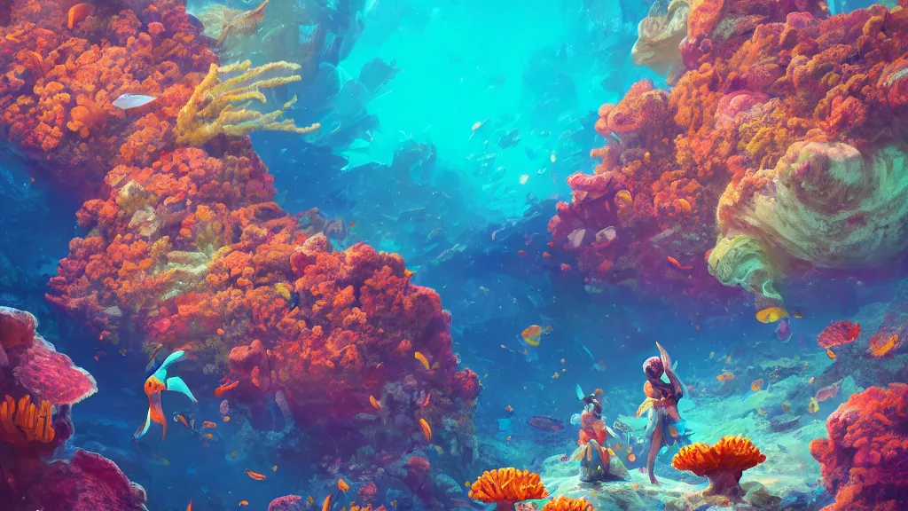 Prompt: ancient alien planet covered in colorful coral reefs on the ground, anthropomorphic fish girls, by sylvain sarrailh, rossdraws, ambient light, ultra detailed, fantasy artwork, 8 k, volumetric lighting, trending on artstation, award winning, beautiful scenery, very beautiful.