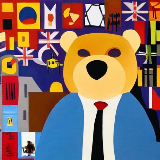 Image similar to nigel farage being chased by a bear, cubism painting