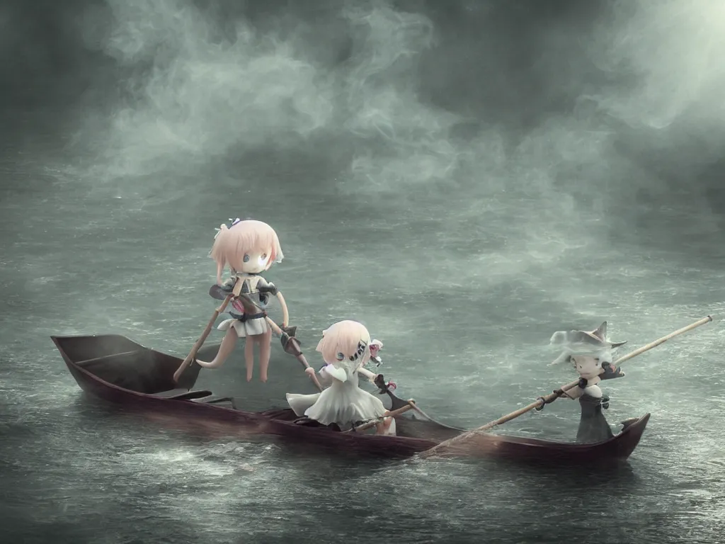 Prompt: cute fumo plush girl witch rowing a small boat through murky river water, river styx, otherworldly chibi gothic horror wraith maiden, lost in the milky void, hazy heavy swirling murky volumetric fog and smoke, moonglow, lens flare, vray