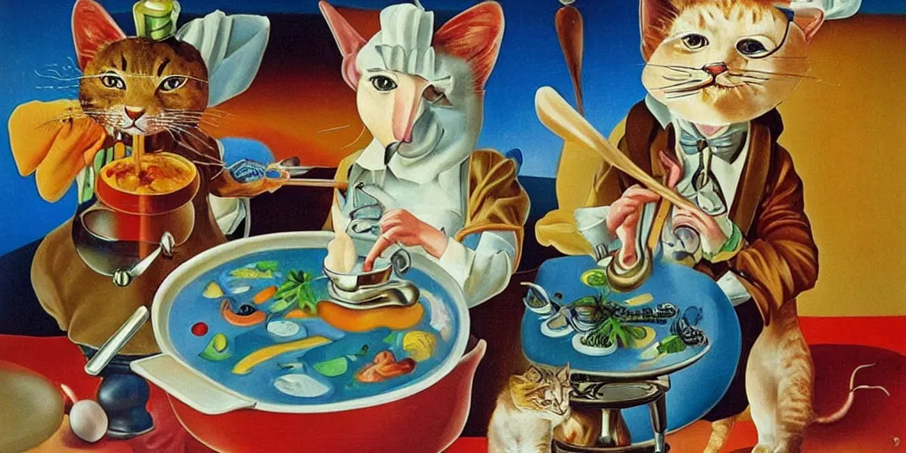 Image similar to anthropomorphic cat chef cooking a delicious colorful soup, by Salvador Dali